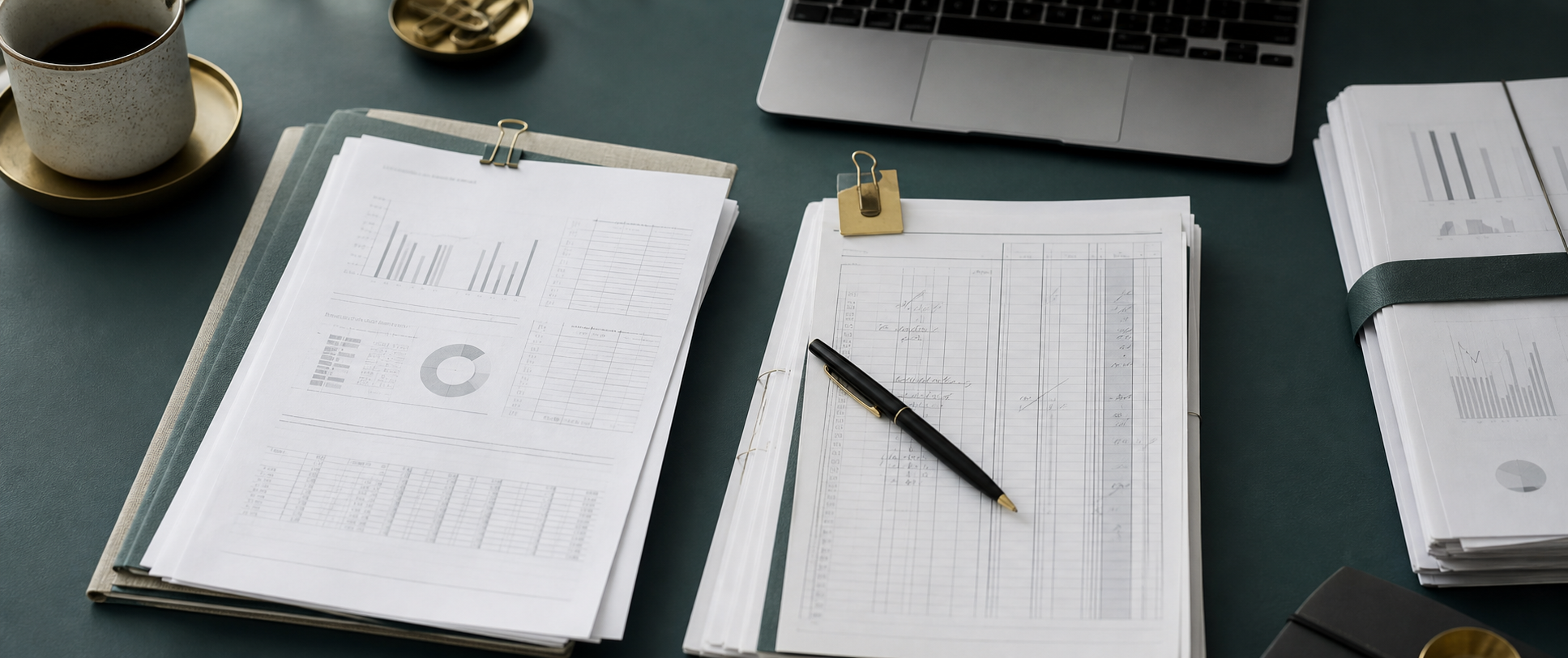 Research documents and notes arranged on a desk